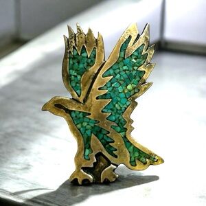 Bennett Inlayed Turquoise Eagle Bird Bolo Tie Slide Clip 2”